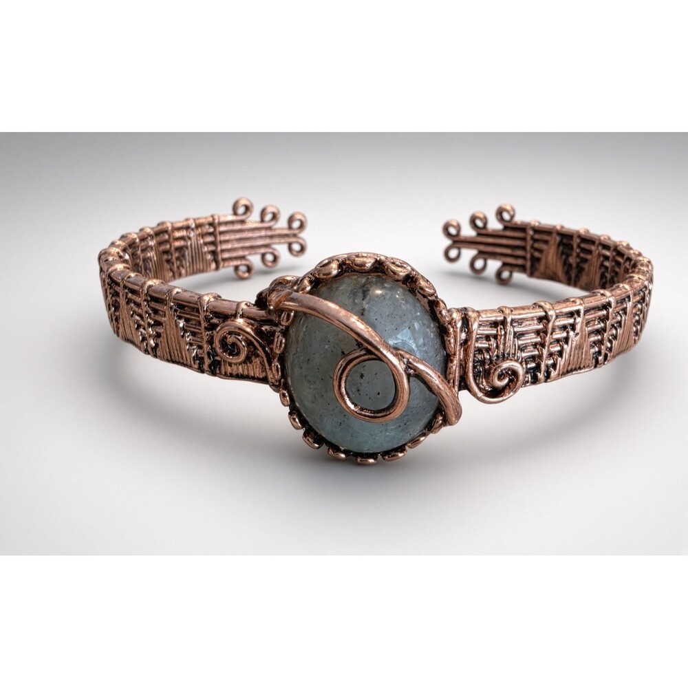 Copper Tone Open Cuff Bracelet Turquoise Cabochon Woven Band Boho Unsigned